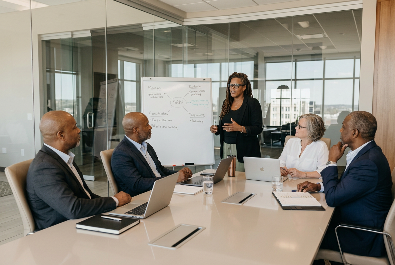 Resa Gooding leading an operating-model redesign session with senior executives in a boardroom